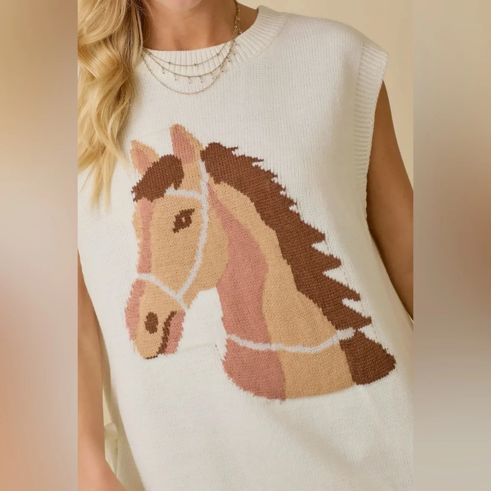 Main Strip Cream Horse Knit Vest - Picture 3 of 4
